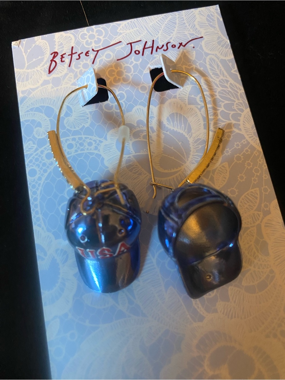 NWT betsey johnson USA blue baseball hat earrings